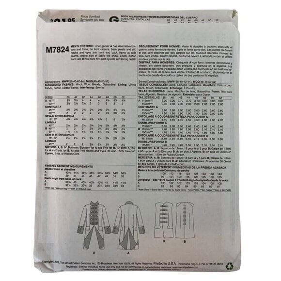 McCalls M7824 Mens Costume Sewing Pattern Outlander Red Coat Jacket & Vest 46-52 - Picture 2 of 3